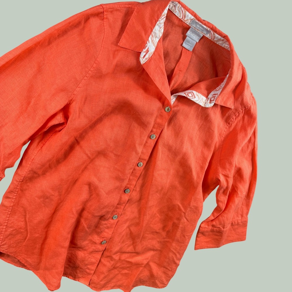 Chico's Button Down  1 Women 8 Orange No Iron Linen 3/4 Sleeve Coastal Grandma